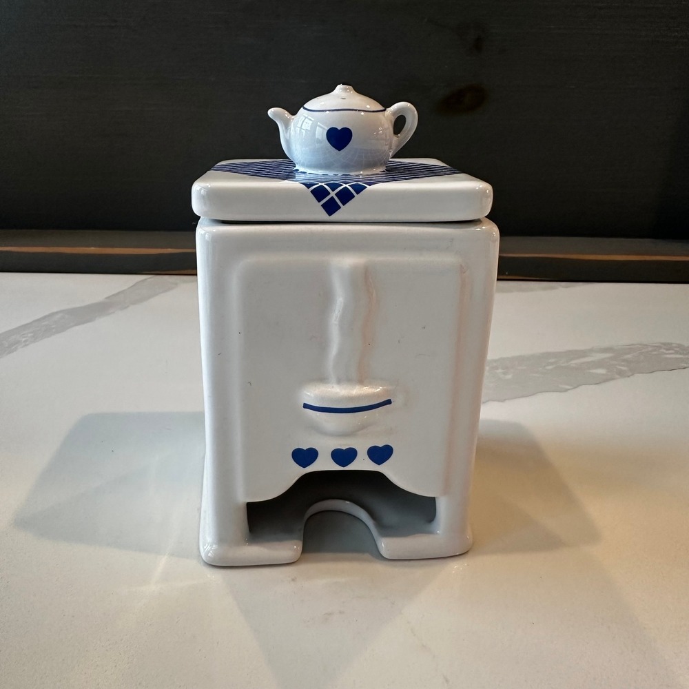 Vintage JSNY Ceramic Tea Bag Holder White Blue Hearts Teapot Lid Stove Canister